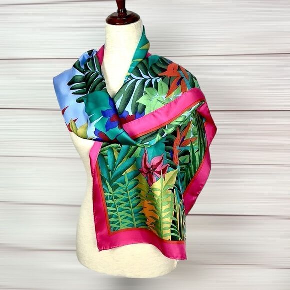 Perry Ellis Oblong Silk Scarf Bright Green Pink Tropical Floral 17x64” Japan Vtg - Picture 4 of 12